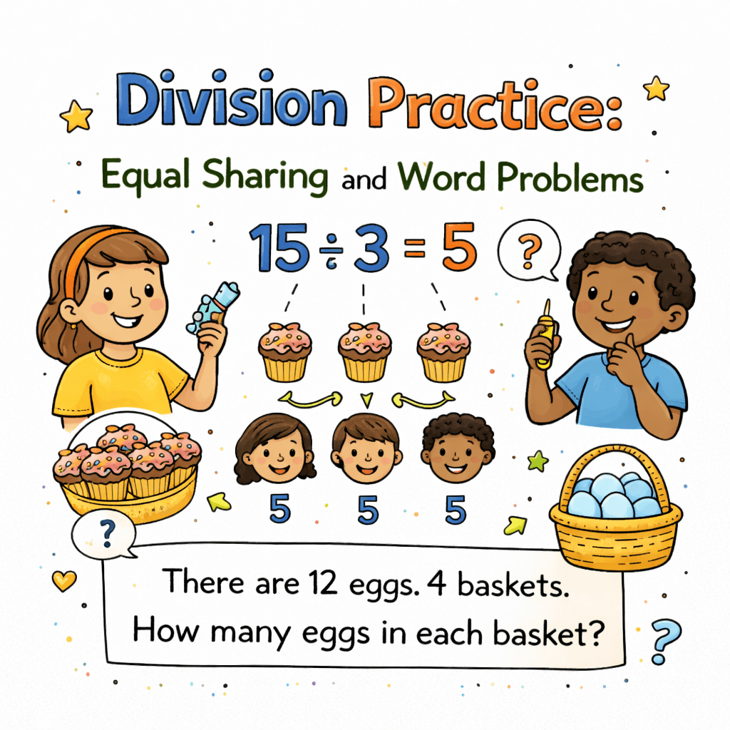 Practice division through sharing, grouping, and simple word problems.