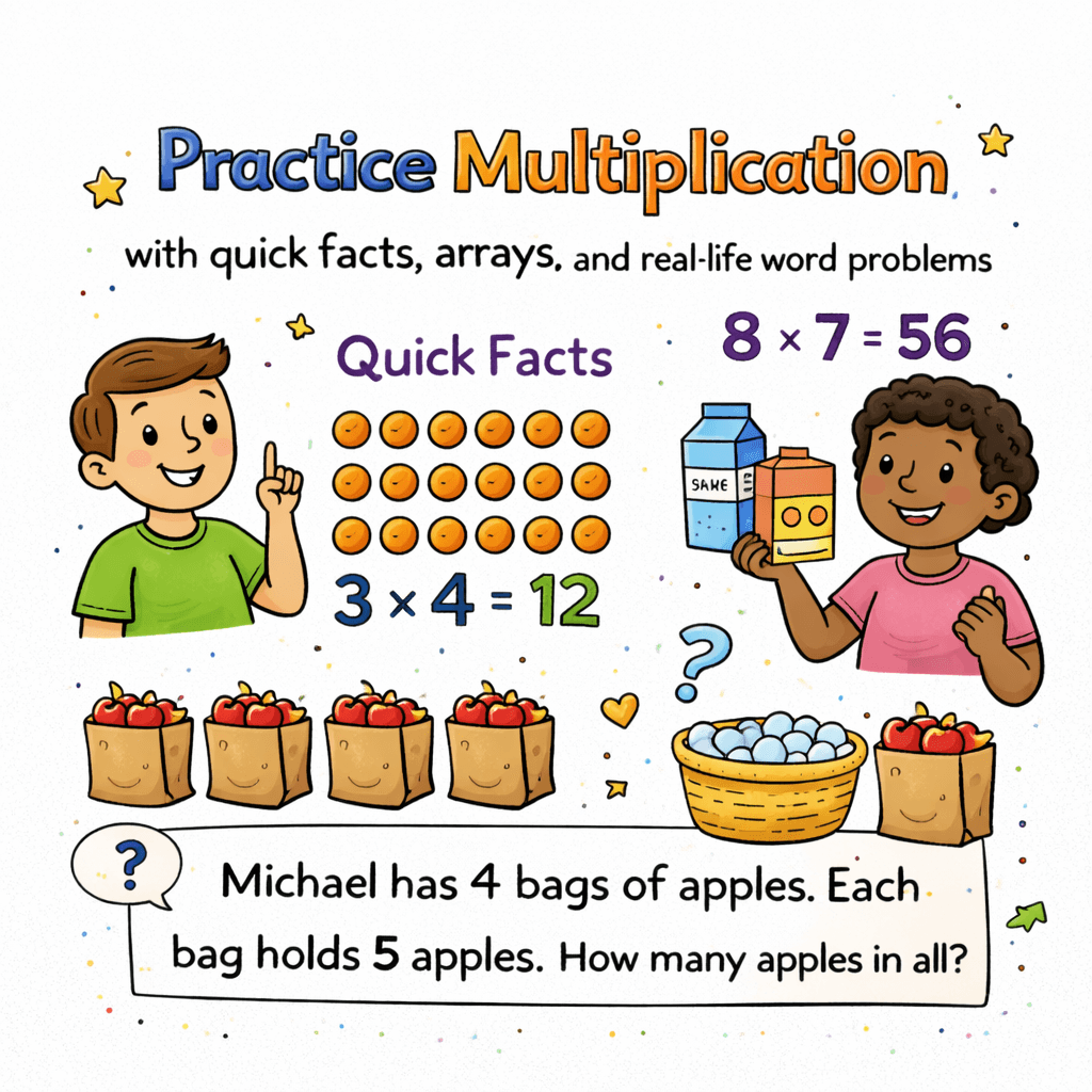 Practice multiplication with quick facts, arrays, and real-life word problems.