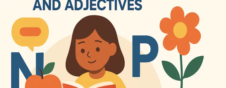 AI-generated educational cover illustration for Nouns, Pronouns and Adjectives